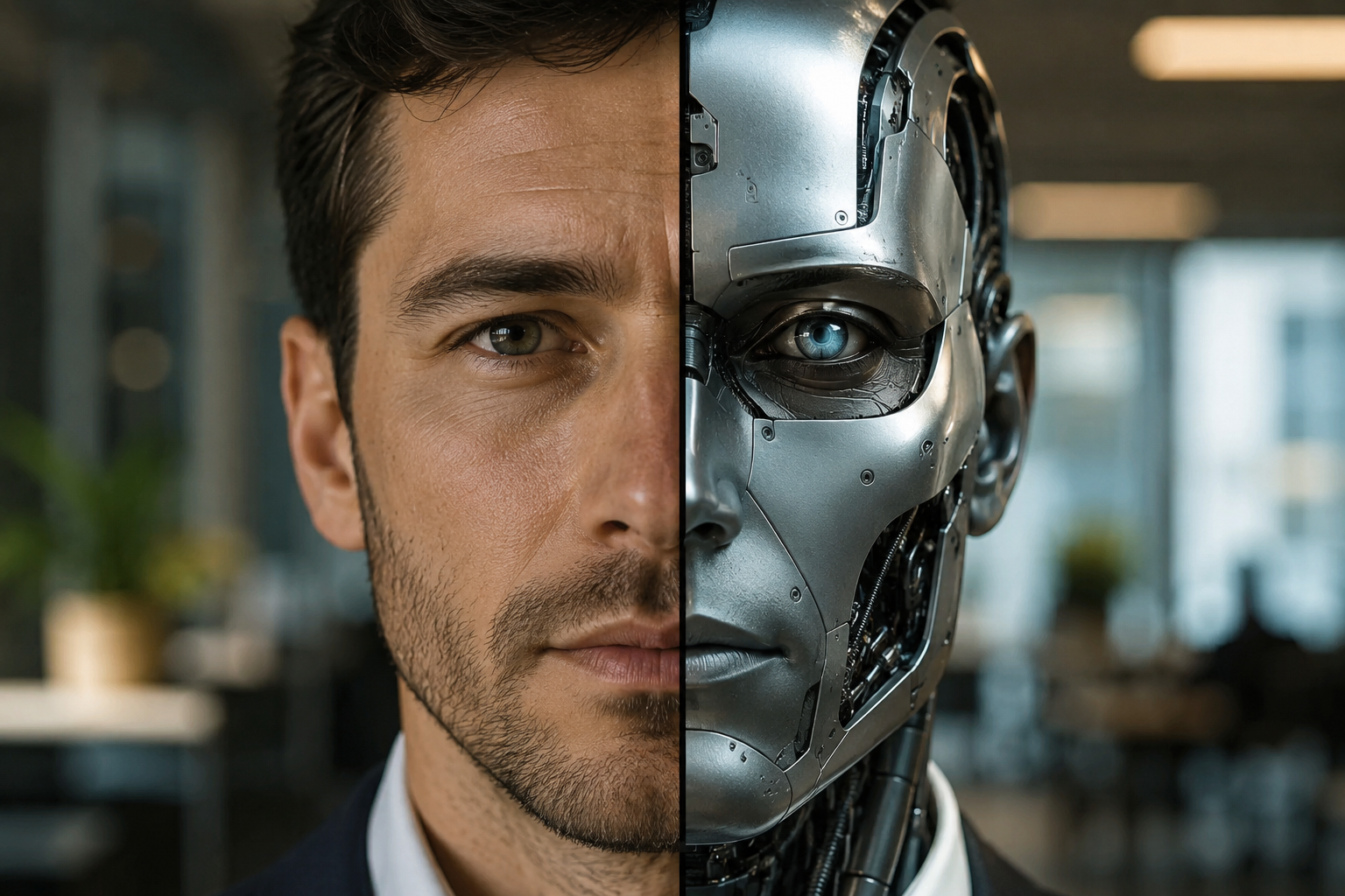 Rostro hiperrealista dividido entre una persona y un robot que representa la integración de la inteligencia artificial en las empresas para automatizar procesos y aumentar la productividad.