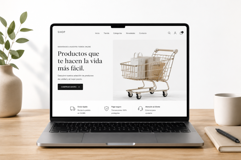 Crear una tienda online rentable con un ordenador portátil mostrando un ecommerce moderno sobre una mesa de madera