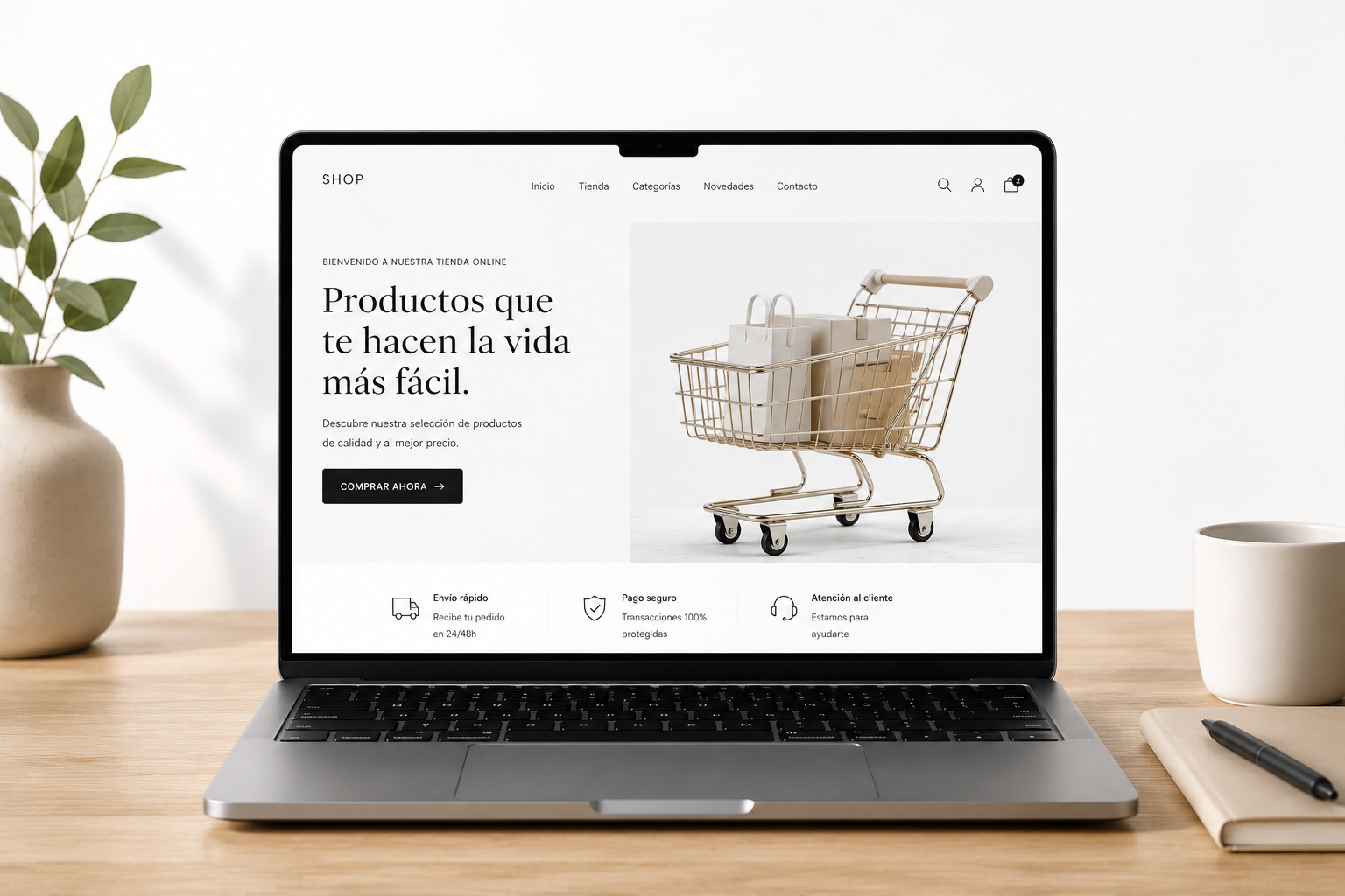 Crear una tienda online rentable con un ordenador portátil mostrando un ecommerce moderno sobre una mesa de madera